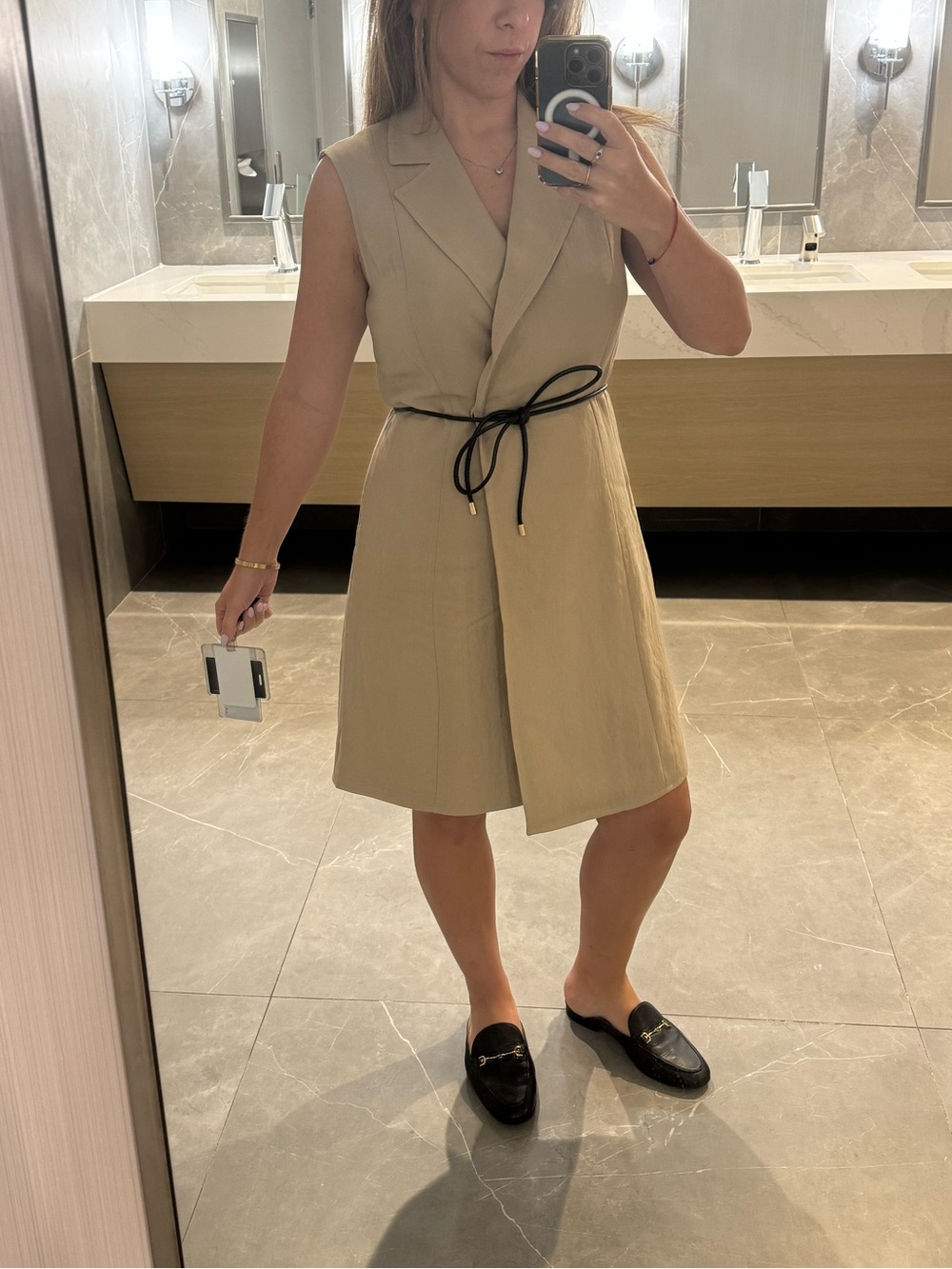 Calvin Klein Tan Sleeveless Wrap Dress with Black Tie